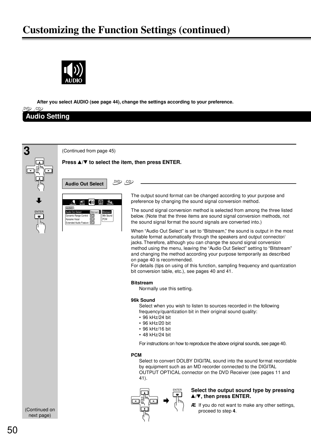 Onkyo DR-90 Audio Setting, Select the output sound type by pressing, Audio Out Select, Bitstream, 96k Sound 