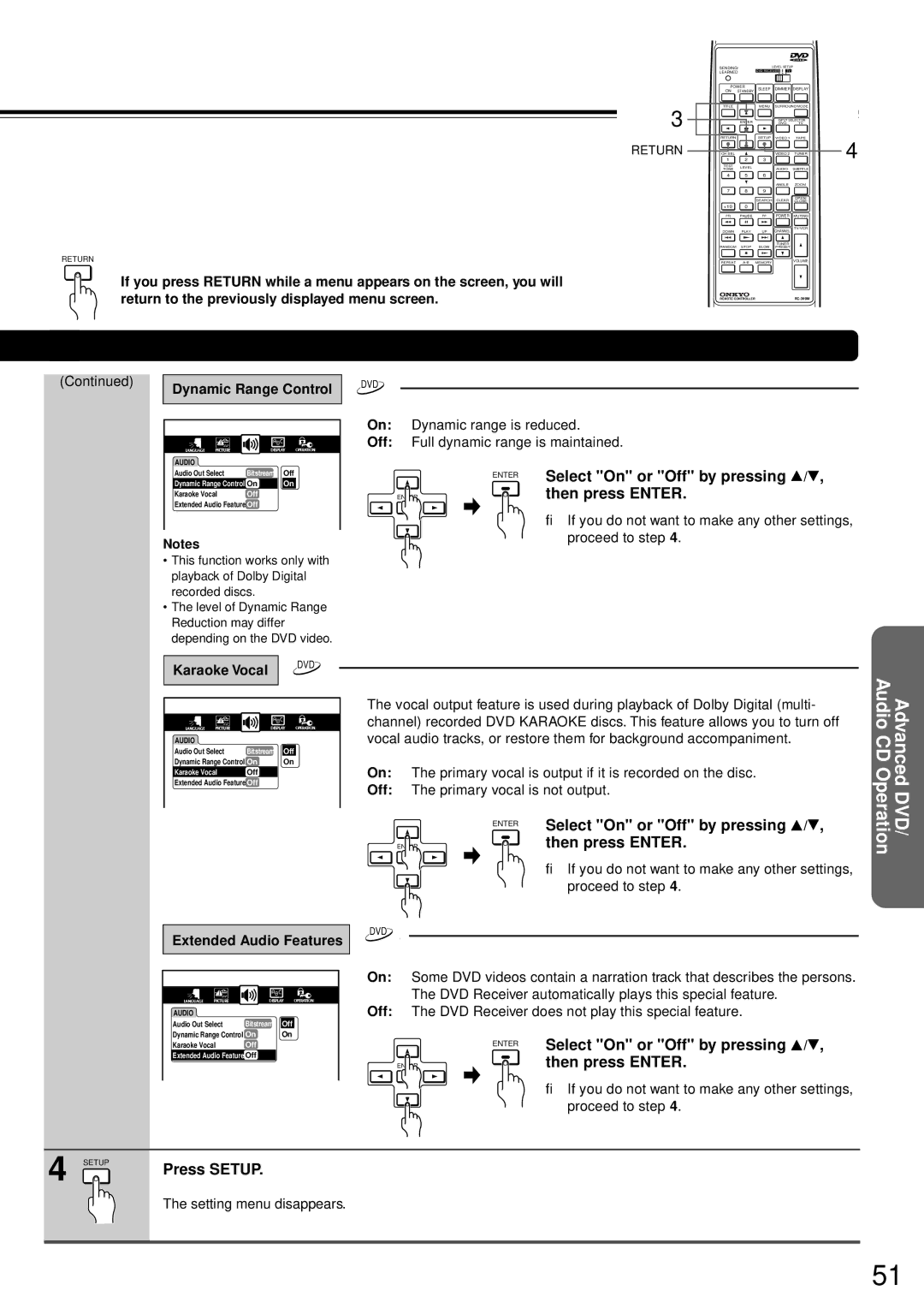 Onkyo DR-90 instruction manual Select On or Off by pressing, Dynamic Range Control, Karaoke Vocal, Extended Audio Features 