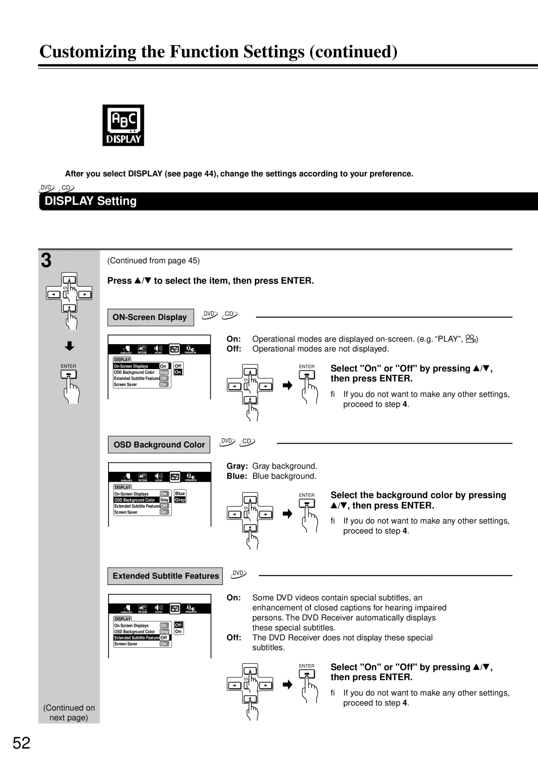 Onkyo DR-90 Display Setting, Select the background color by pressing, ON-Screen Display, OSD Background Color 