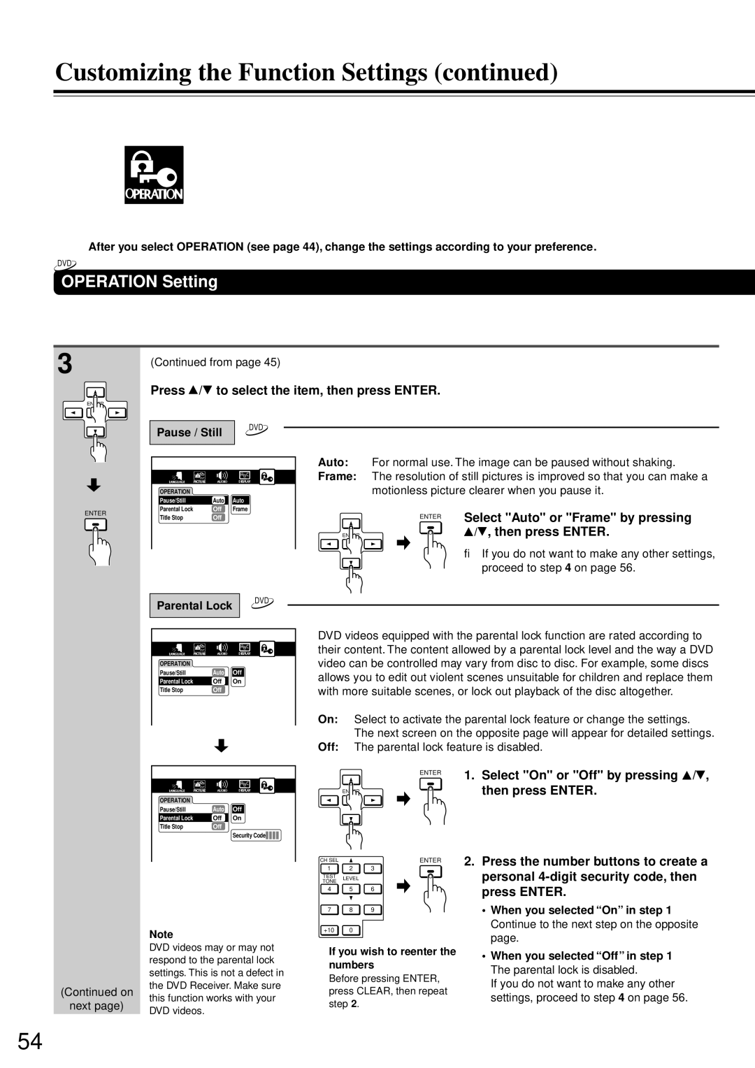 Onkyo DR-90 instruction manual Operation Setting, Select Auto or Frame by pressing, Press the number buttons to create a 