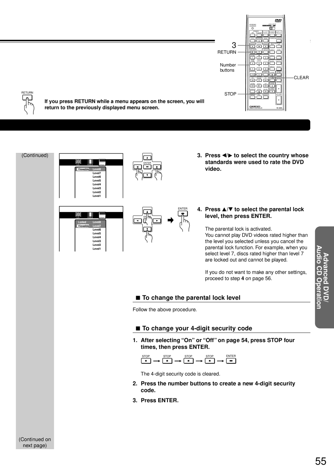 Onkyo DR-90 instruction manual To change the parental lock level, To change your 4-digit security code 