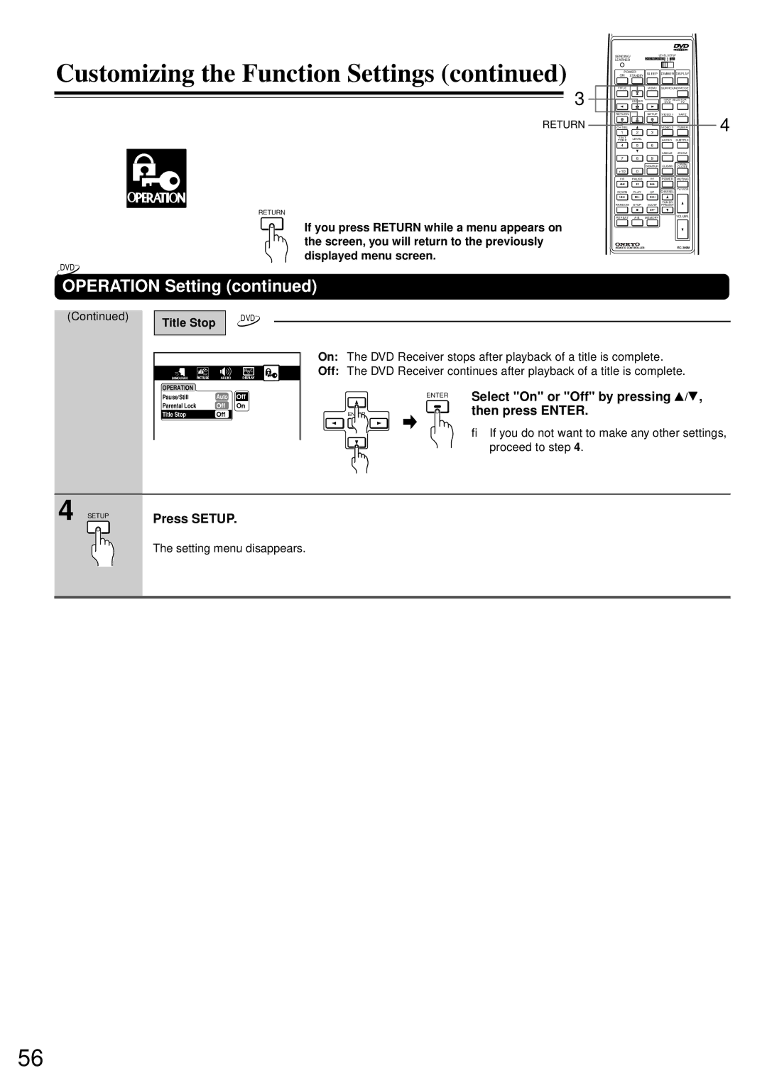 Onkyo DR-90 instruction manual Title Stop, Return 