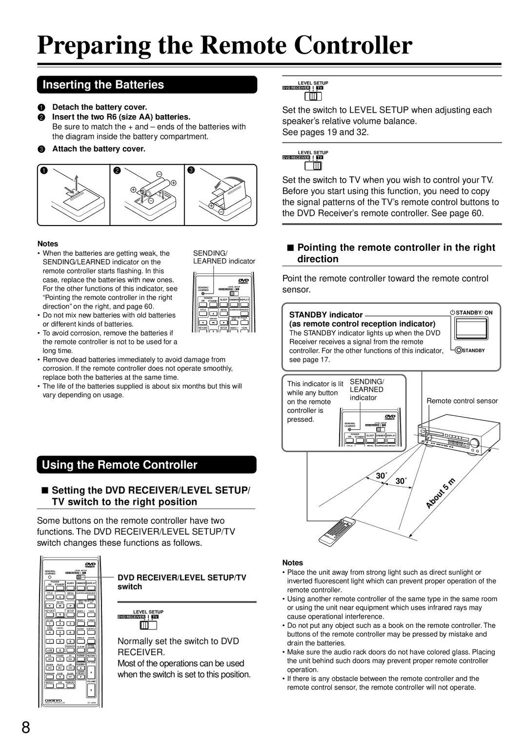 Onkyo DR-90 instruction manual Preparing the Remote Controller, Inserting the Batteries, Using the Remote Controller 