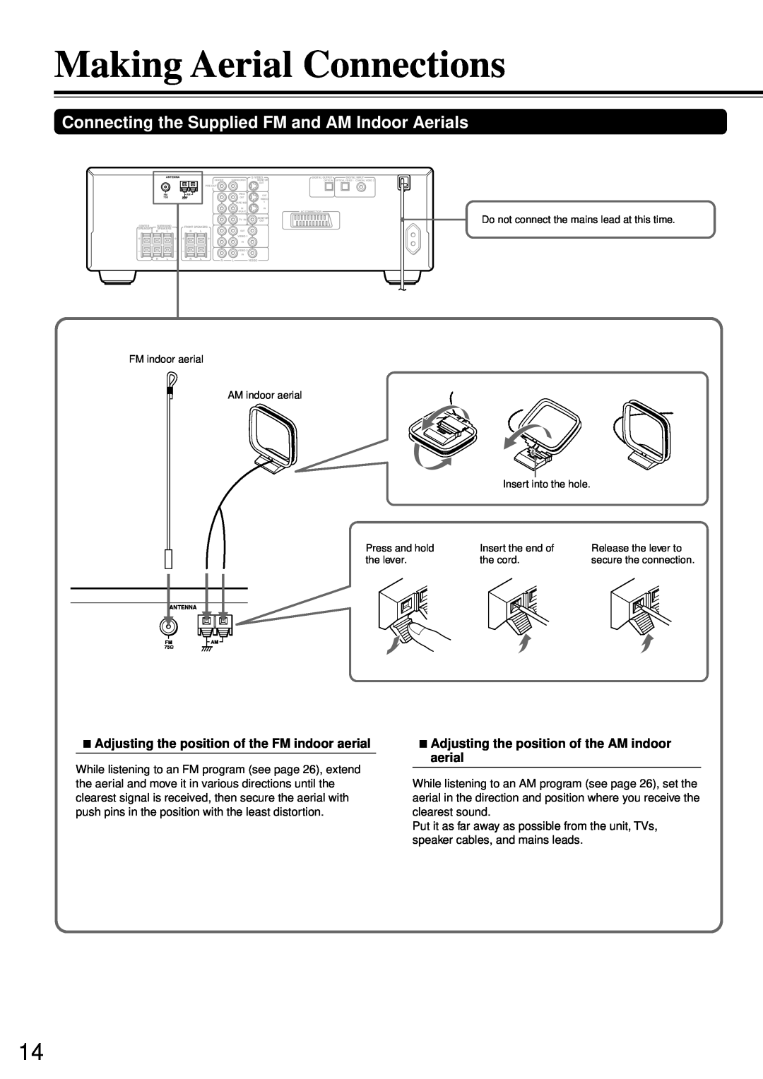 Onkyo DR-90 instruction manual Making Aerial Connections, Connecting the Supplied FM and AM Indoor Aerials 