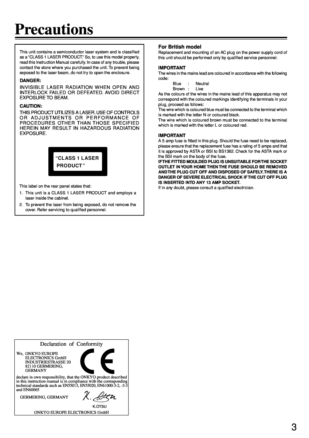 Onkyo DR-90 instruction manual Precautions, Declaration of Conformity, “CLASS 1 LASER PRODUCT ”, For British model, Danger 