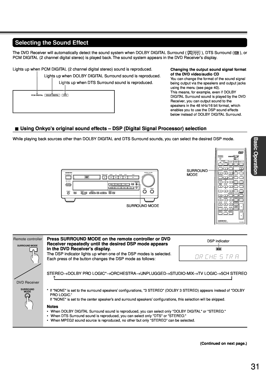 Onkyo DR-90 instruction manual Selecting the Sound Effect, Basic, Operation, in the DVD Receivers display 