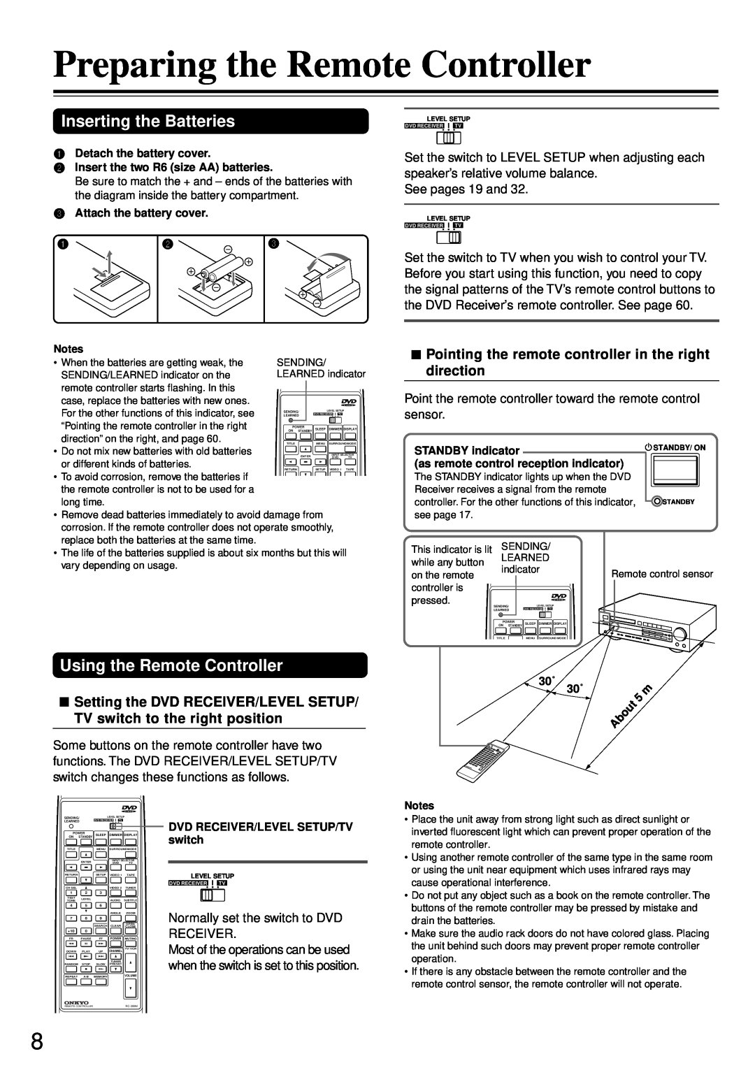 Onkyo DR-90 instruction manual Preparing the Remote Controller, Inserting the Batteries, Using the Remote Controller 