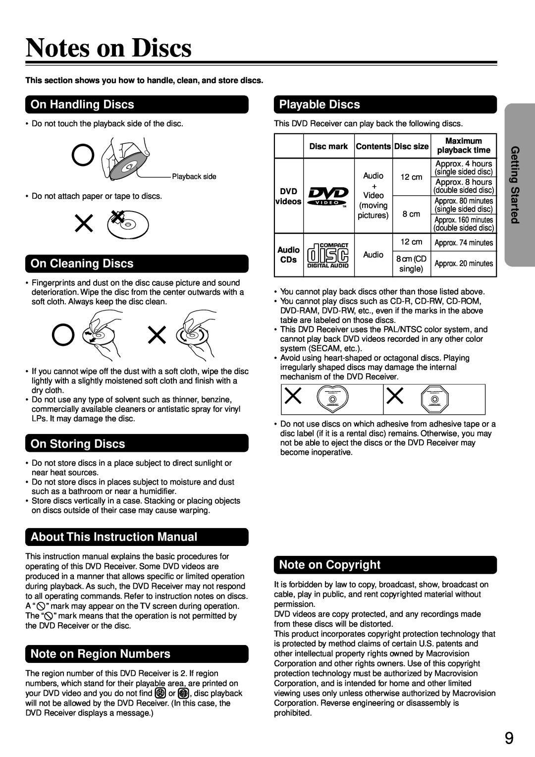 Onkyo DR-90 Notes on Discs, On Handling Discs, On Cleaning Discs, Playable Discs, On Storing Discs, Note on Region Numbers 
