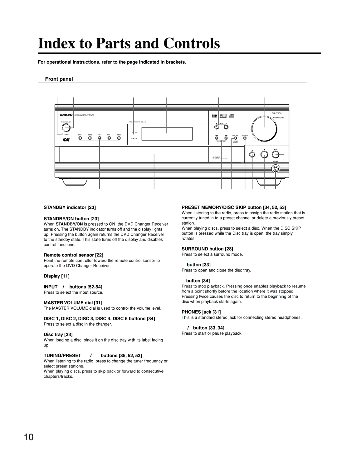 Onkyo DR-C500 instruction manual Index to Parts and Controls, Front panel 