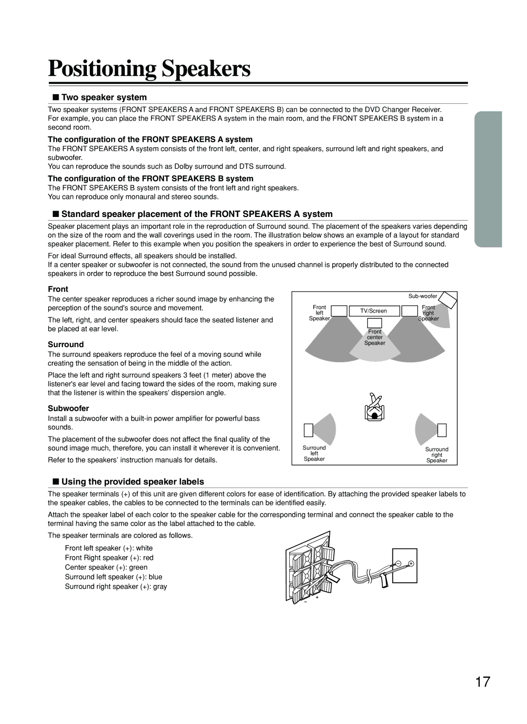 Onkyo DR-C500 Positioning Speakers, Two speaker system, Standard speaker placement of the Front Speakers a system 