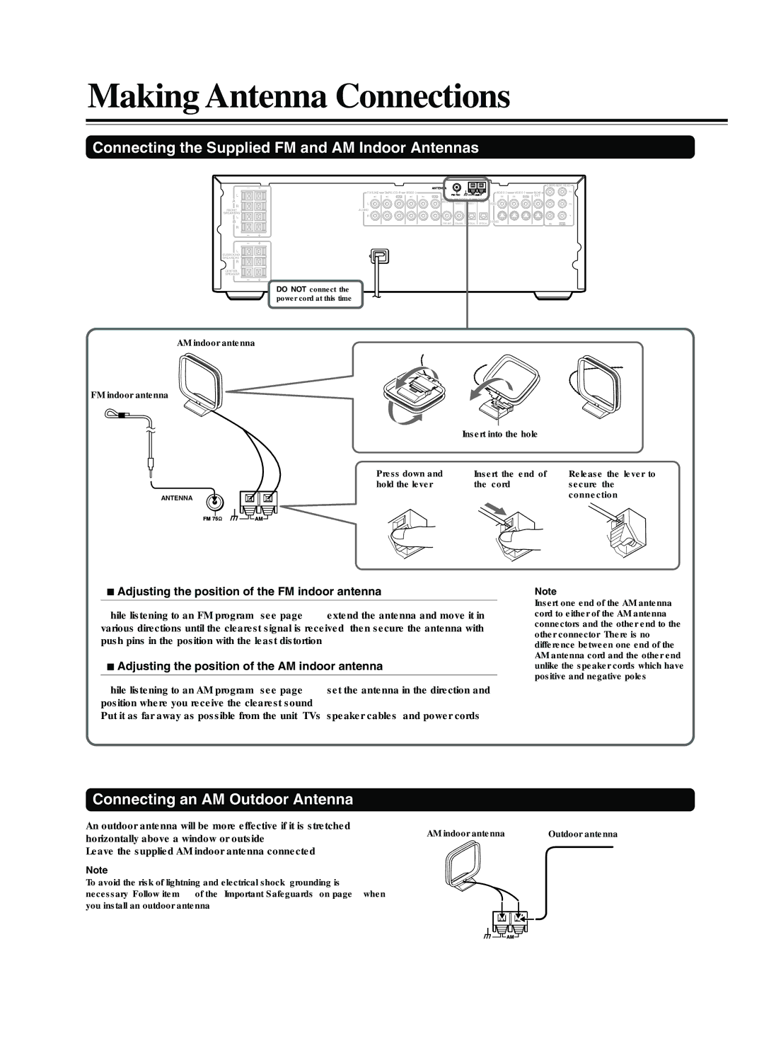 Onkyo DR-C500 instruction manual Making Antenna Connections, Connecting the Supplied FM and AM Indoor Antennas 