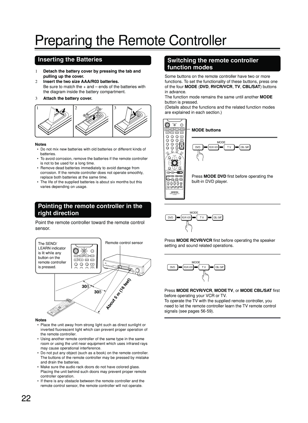 Onkyo DR-C500 Preparing the Remote Controller, Inserting the Batteries, Switching the remote controller function modes 