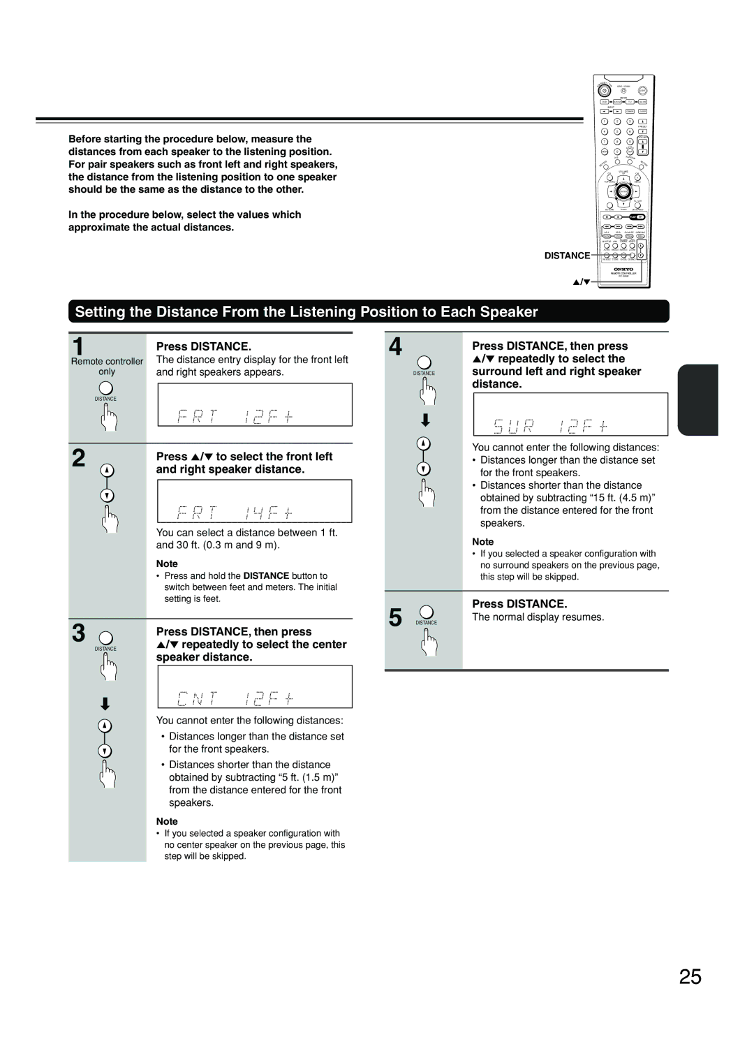 Onkyo DR-C500 Press Distance, Press 5/ ∞ to select the front left, Right speaker distance, Press DISTANCE, then press 