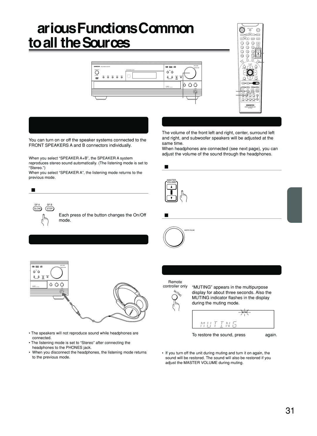 Onkyo DR-C500 Various Functions Common to all the Sources, Turning on/off the Speakers A/ Speakers B Systems 