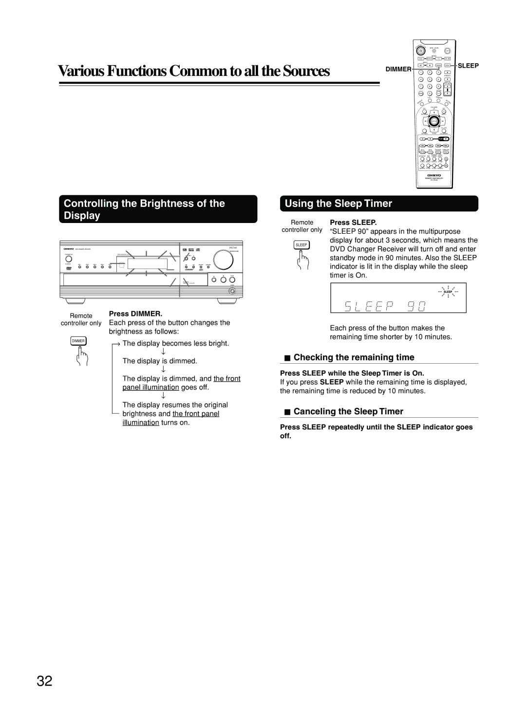 Onkyo DR-C500 Various Functions Common to all the Sources, Checking the remaining time, Canceling the Sleep Timer 