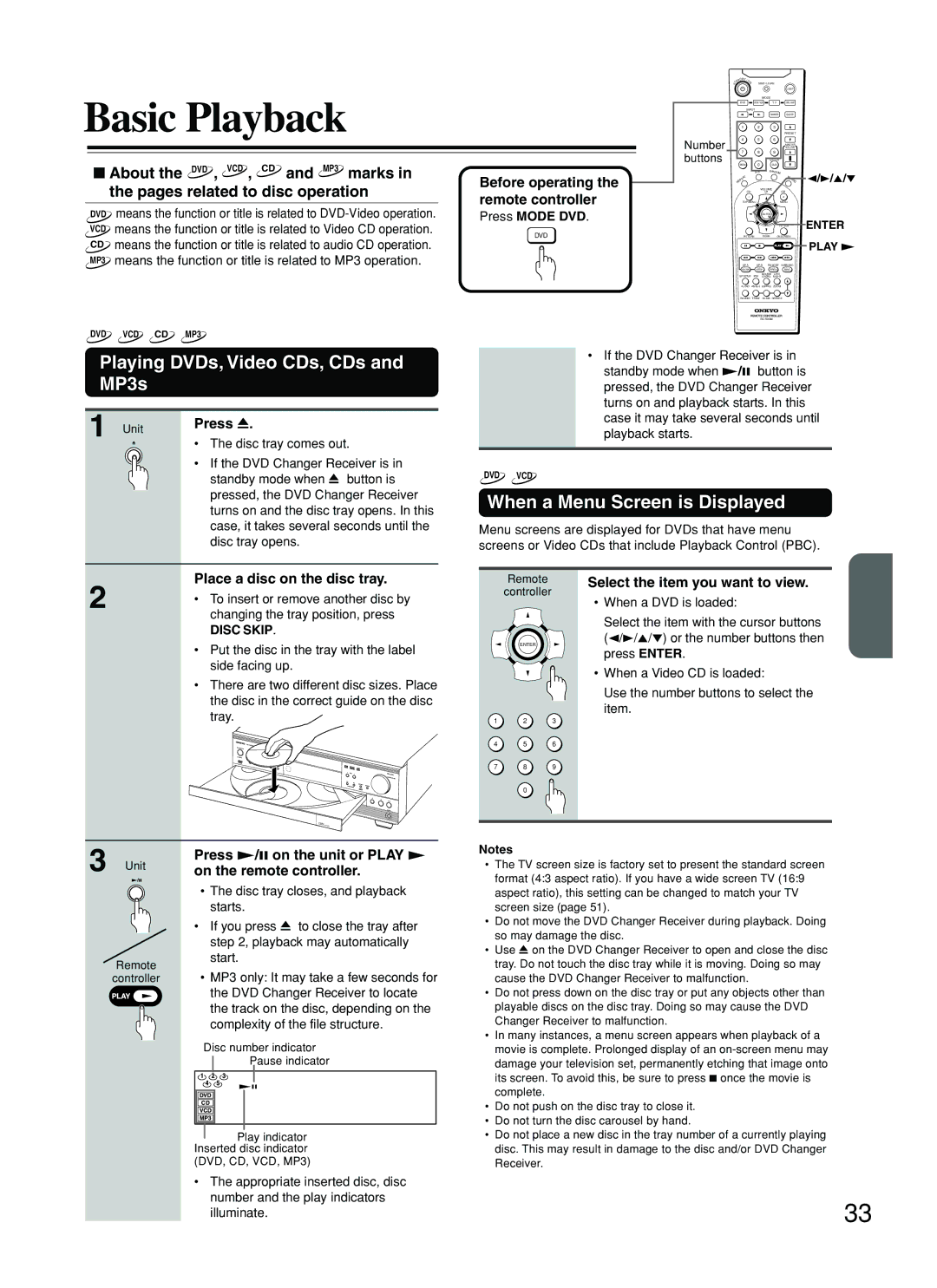 Onkyo DR-C500 instruction manual Basic Playback, Playing DVDs, Video CDs, CDs and MP3s, When a Menu Screen is Displayed 