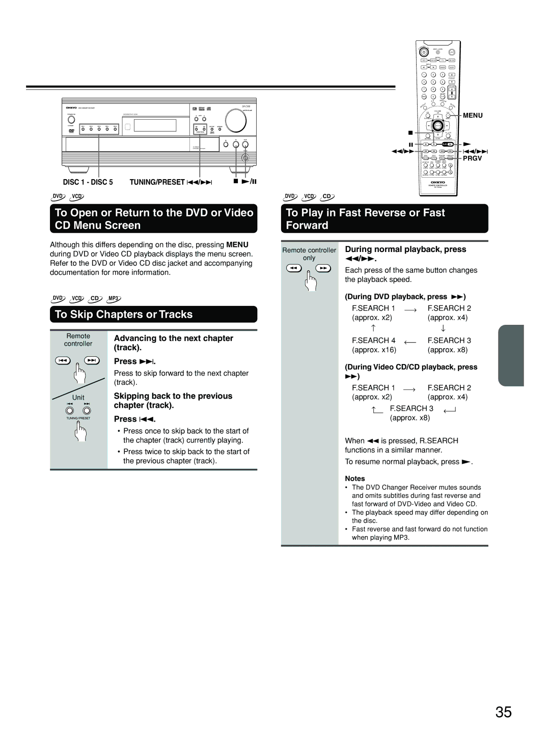 Onkyo DR-C500 To Open or Return to the DVD or Video CD Menu Screen, To Play in Fast Reverse or Fast Forward 