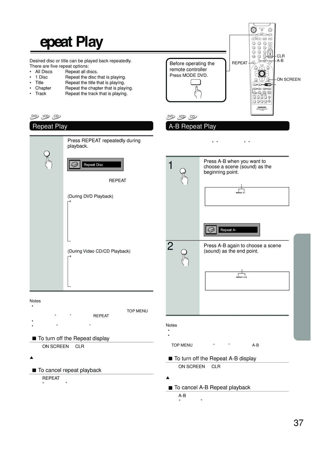 Onkyo DR-C500 instruction manual Repeat Play 