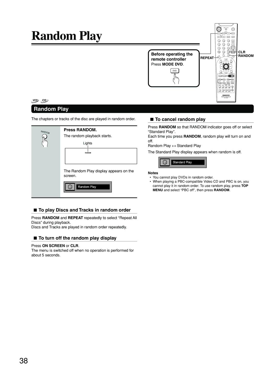 Onkyo DR-C500 instruction manual Random Play, To play Discs and Tracks in random order, To turn off the random play display 