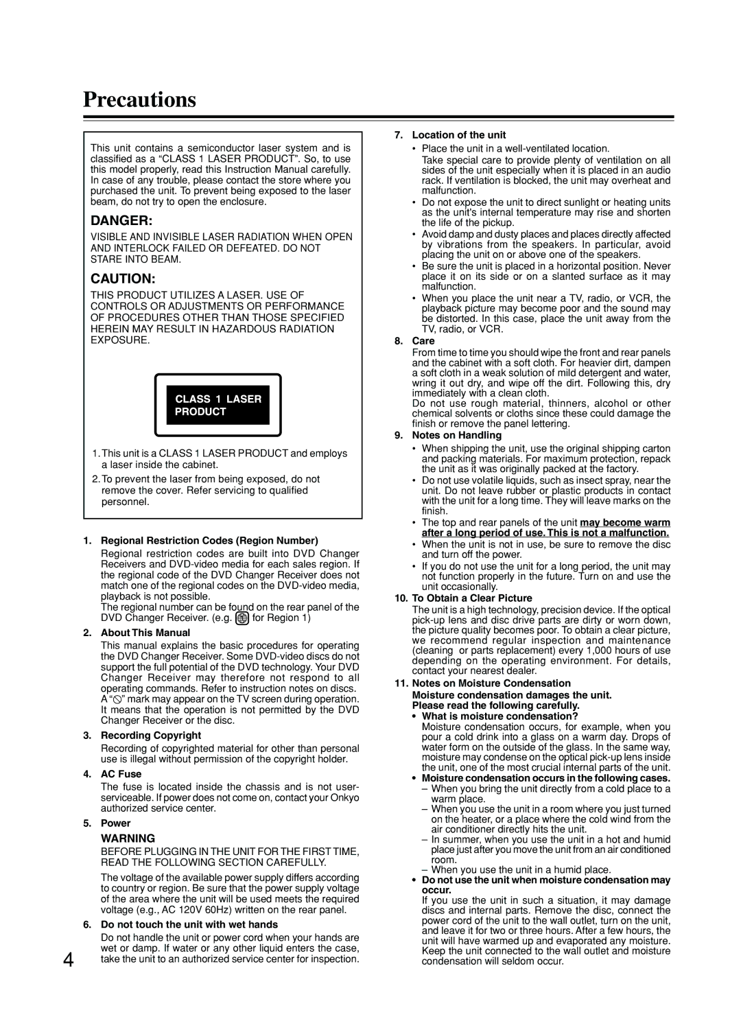 Onkyo DR-C500 instruction manual Precautions 