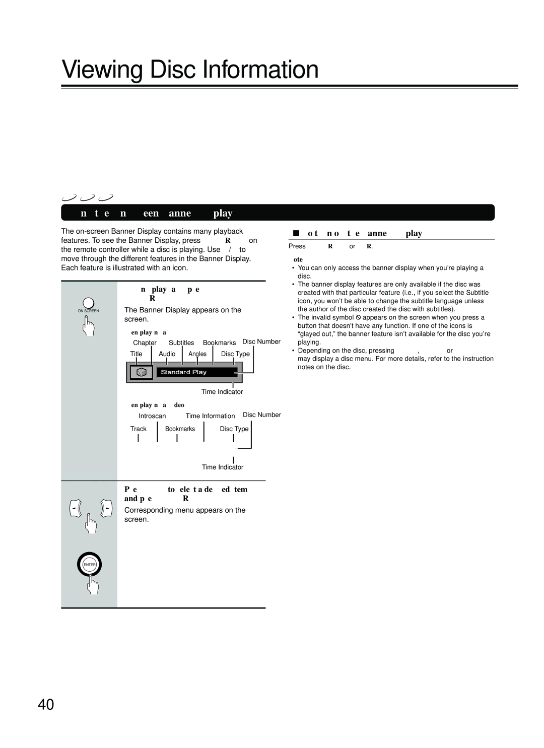 Onkyo DR-C500 Viewing Disc Information, Using the On-screen Banner Display, To turn off the Banner Display 