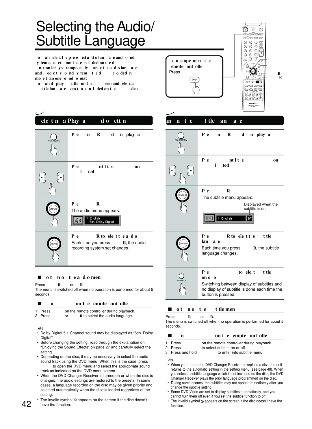 Onkyo DR-C500 instruction manual Selecting a Playback Audio Setting, Changing the Subtitle Language 