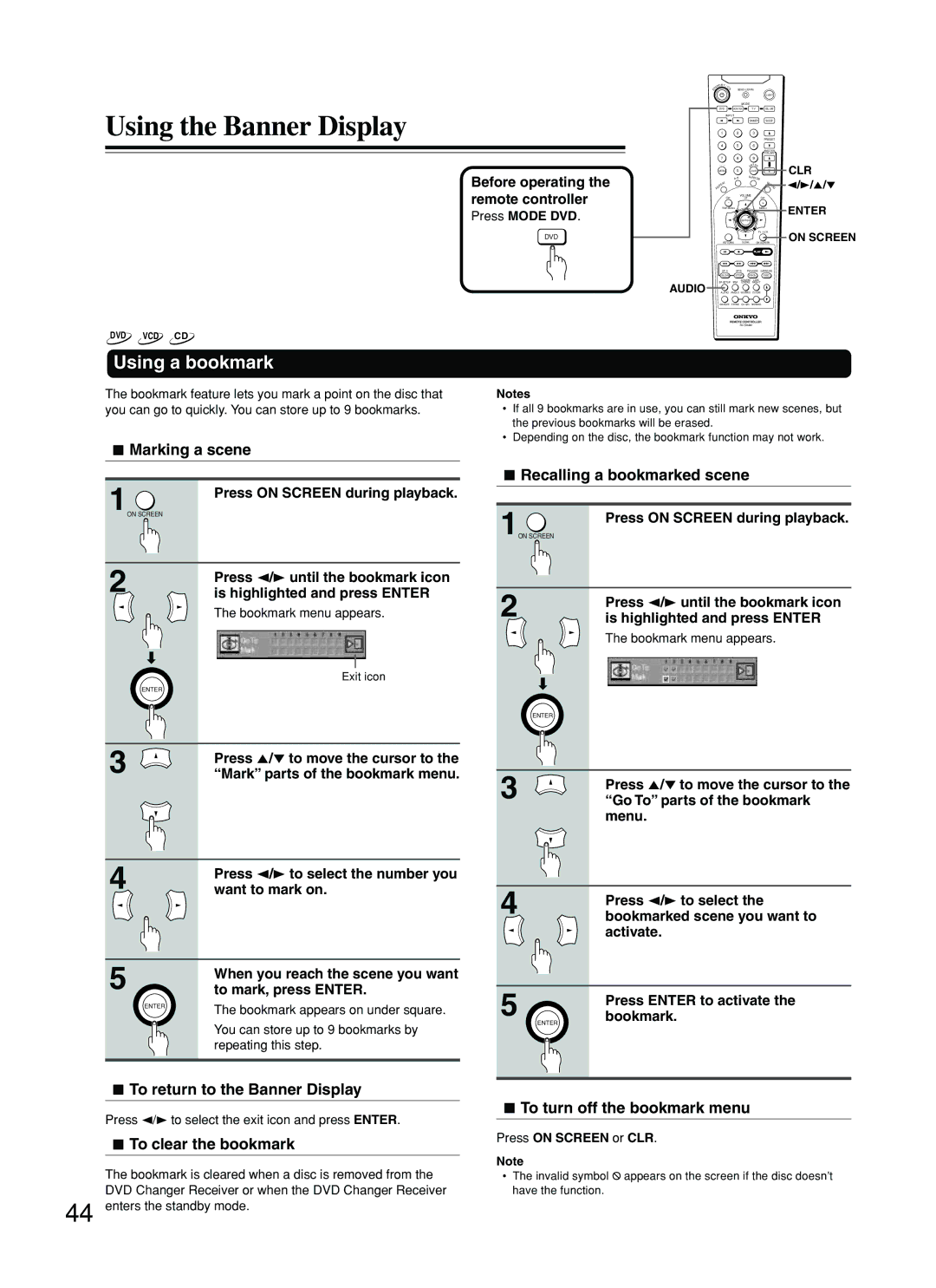 Onkyo DR-C500 instruction manual Using the Banner Display, Using a bookmark 