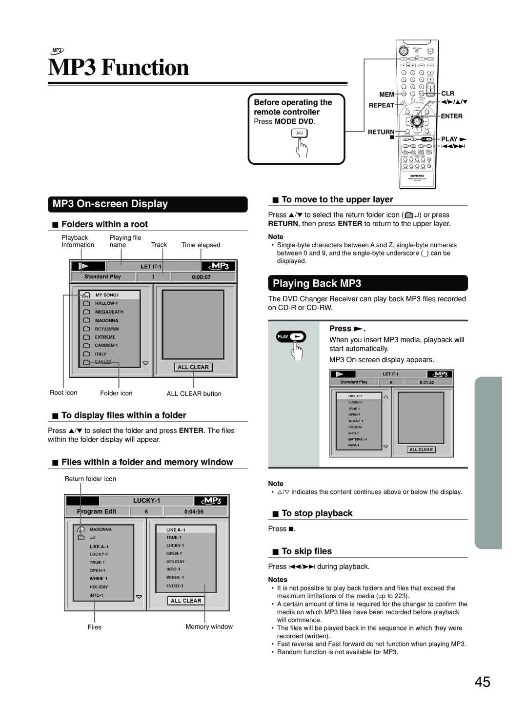 Onkyo DR-C500 instruction manual MP3 Function, MP3 On-screen Display, Playing Back MP3 