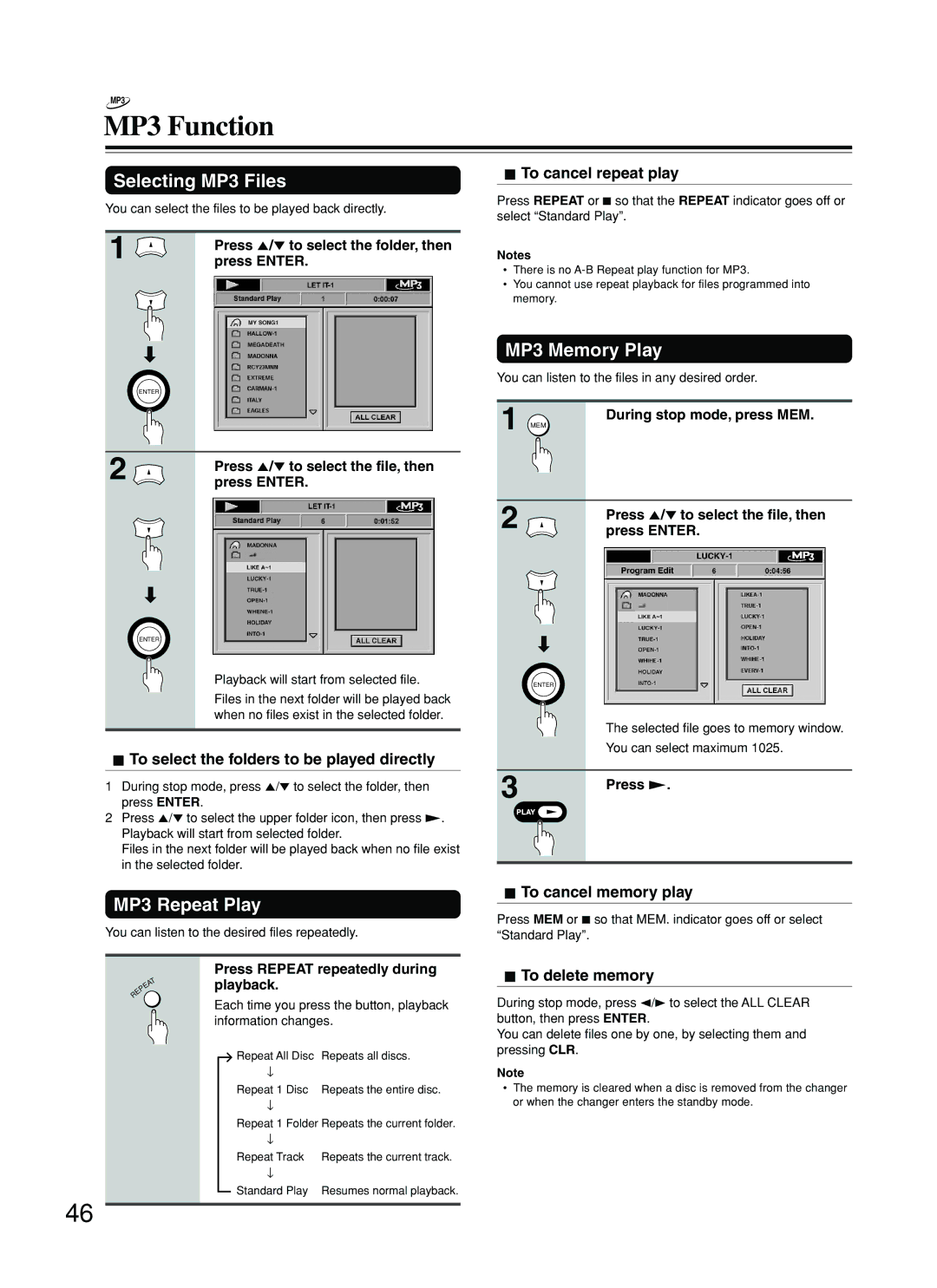 Onkyo DR-C500 instruction manual MP3 Function, Selecting MP3 Files, MP3 Repeat Play, MP3 Memory Play 