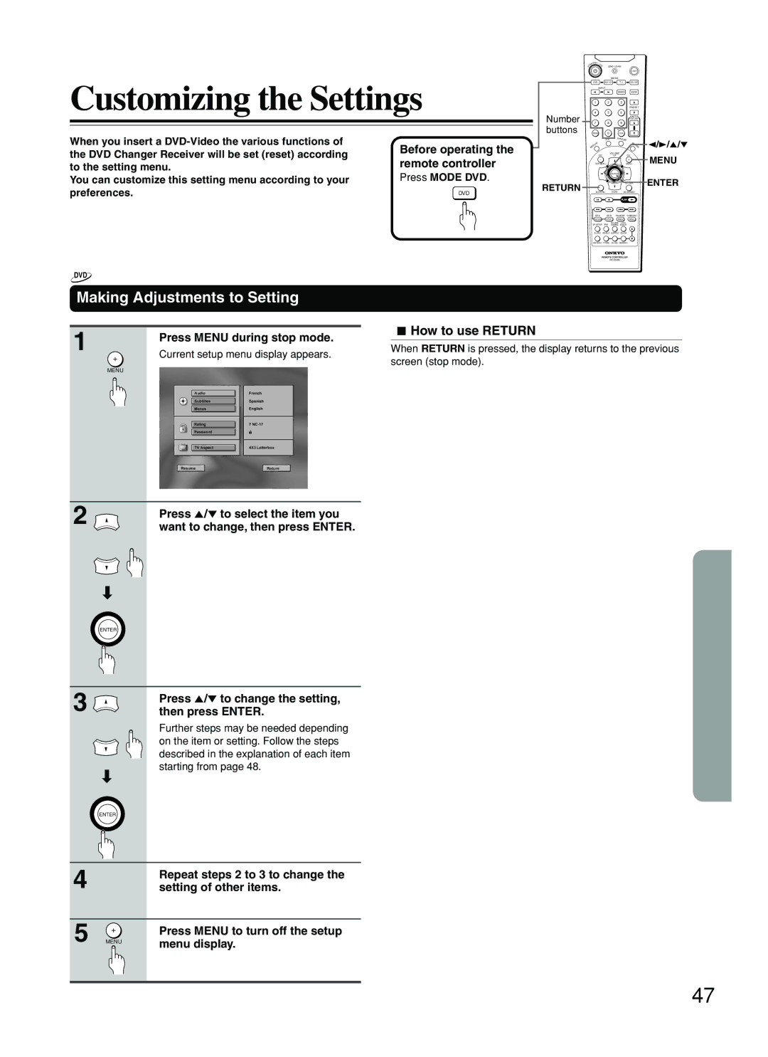 Onkyo DR-C500 instruction manual Customizing the Settings, Making Adjustments to Setting, How to use Return 