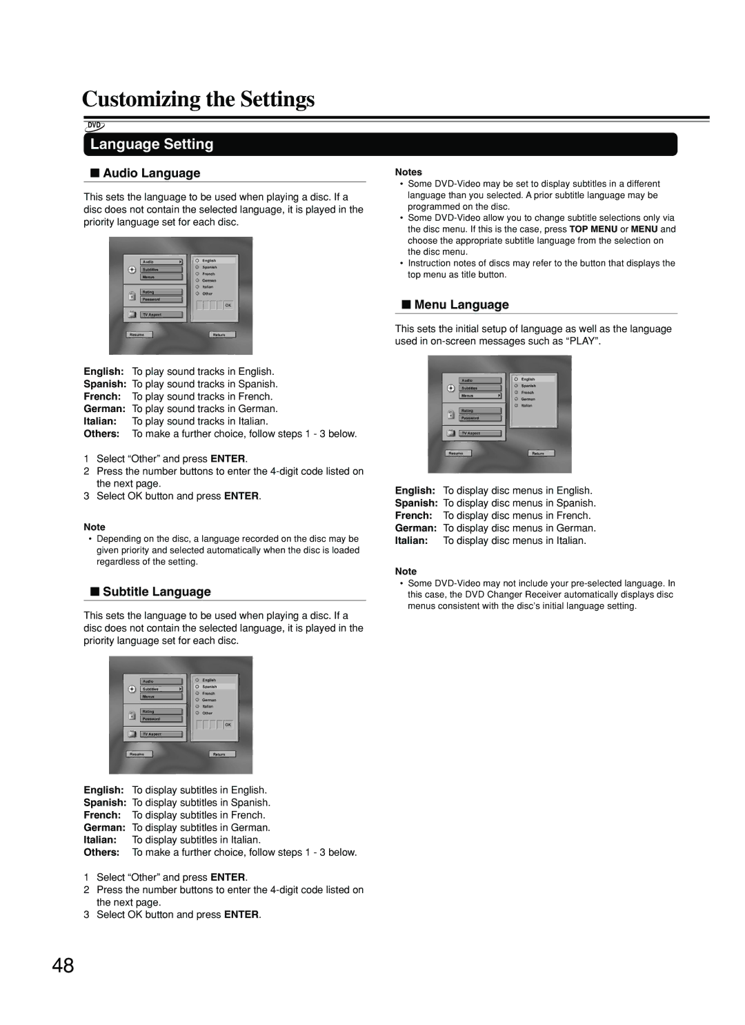 Onkyo DR-C500 Customizing the Settings, Language Setting, Audio Language, Subtitle Language, Menu Language 