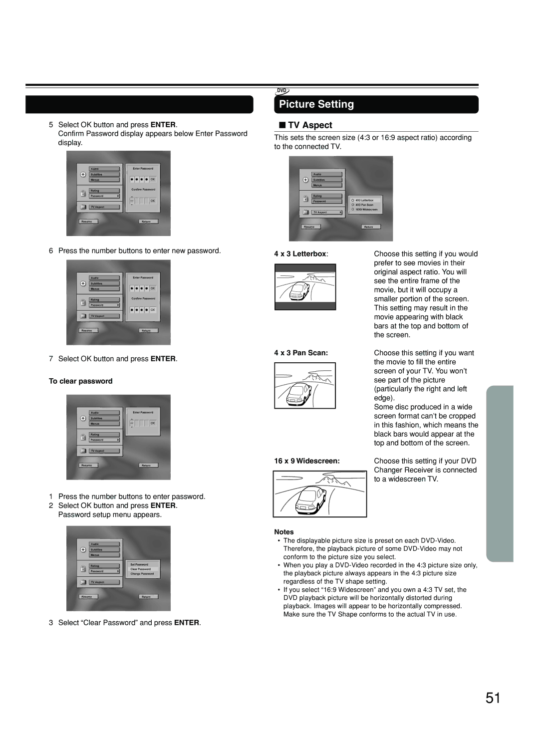 Onkyo DR-C500 instruction manual Picture Setting, TV Aspect 