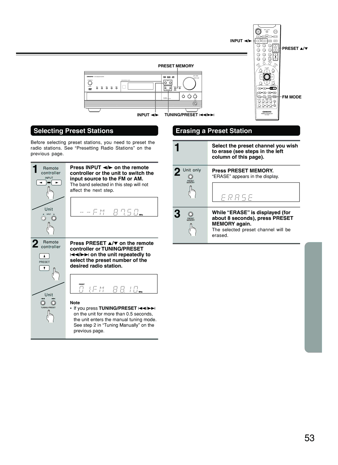 Onkyo DR-C500 instruction manual Selecting Preset Stations, Erasing a Preset Station 