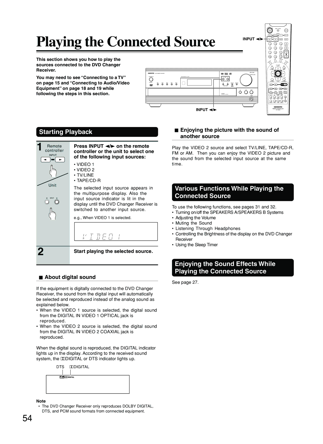 Onkyo DR-C500 Starting Playback, Various Functions While Playing the Connected Source, About digital sound 