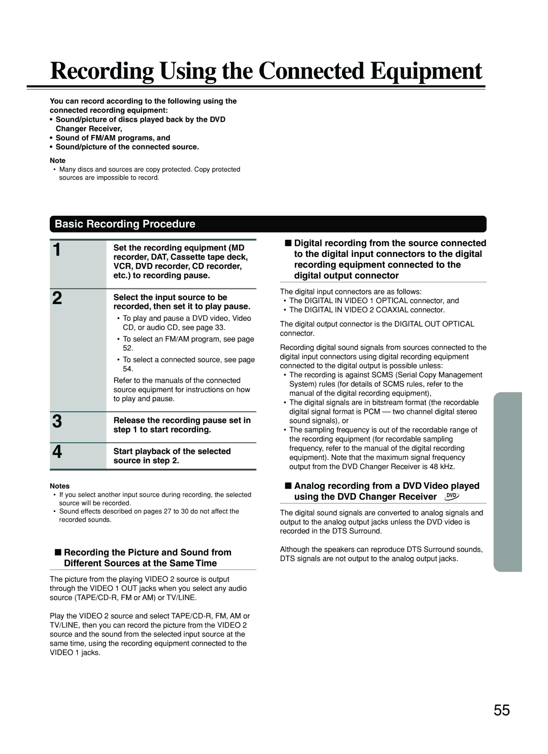 Onkyo DR-C500 instruction manual Recording Using the Connected Equipment, Basic Recording Procedure 