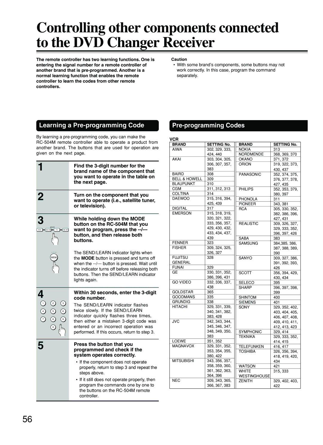 Onkyo DR-C500 instruction manual Learning a Pre-programming Code, Pre-programming Codes 