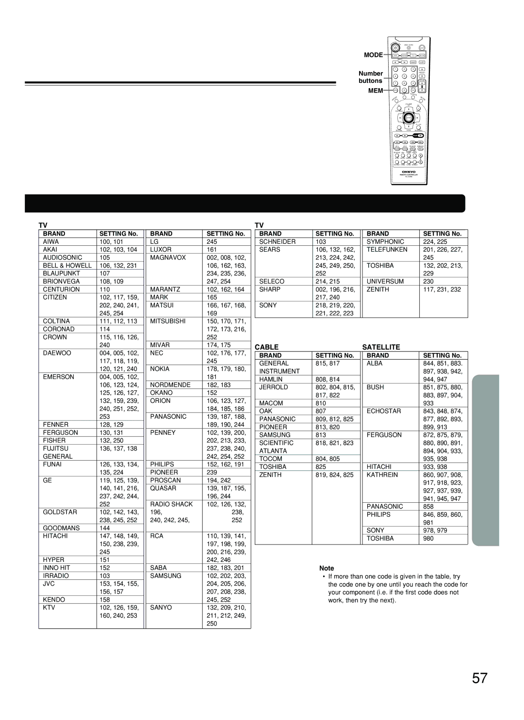 Onkyo DR-C500 instruction manual Cable Satellite, Mode 