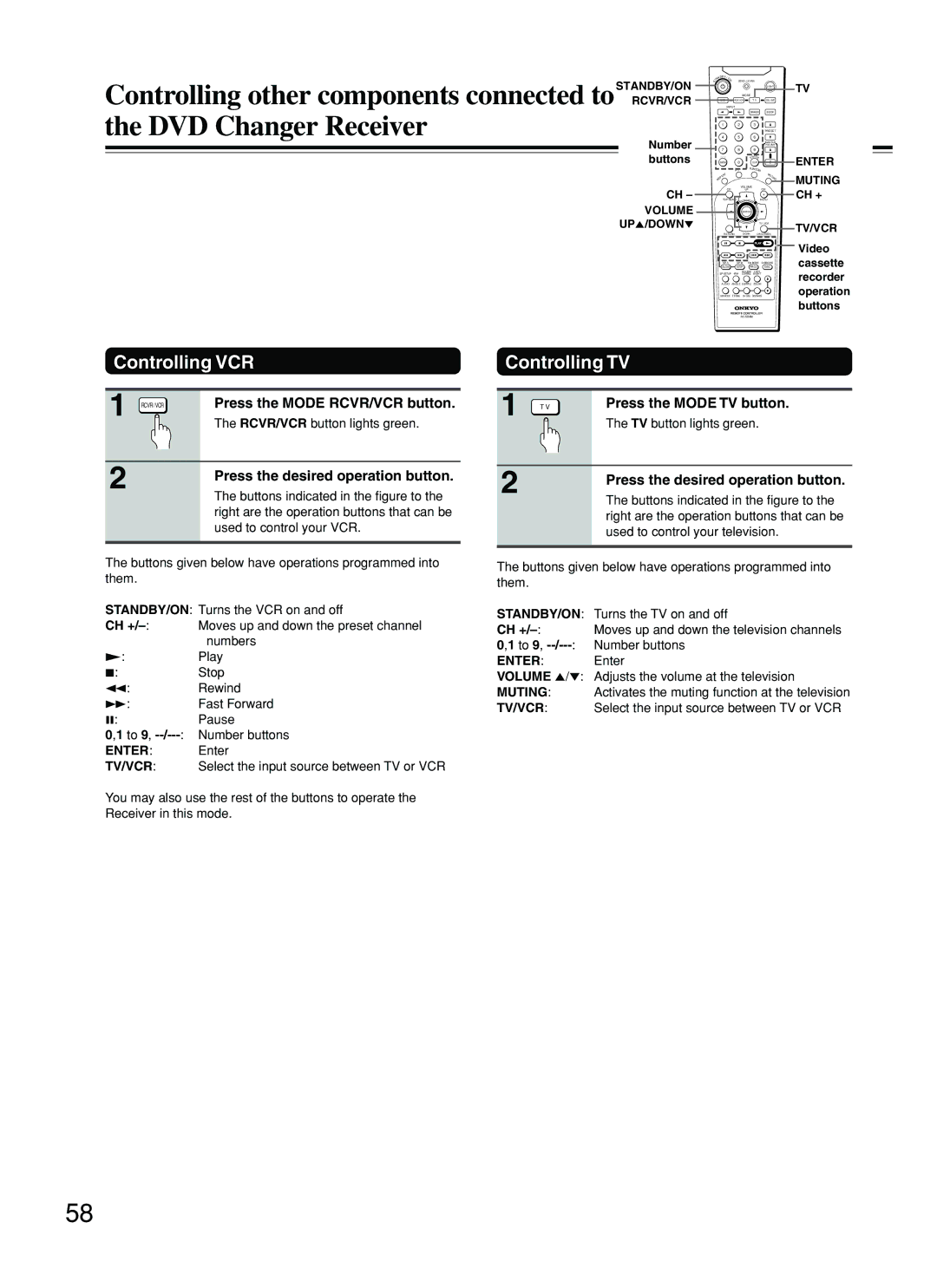 Onkyo DR-C500 Controlling VCR, Controlling TV, Press the Mode RCVR/VCR button, Press the desired operation button 