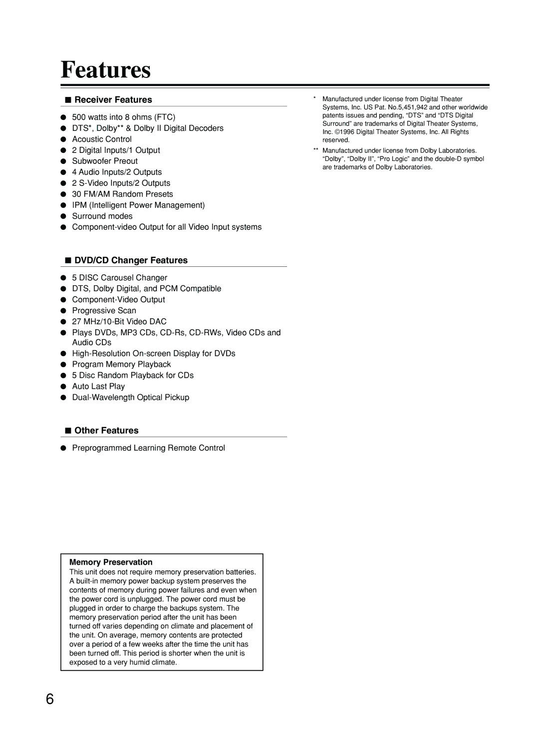 Onkyo DR-C500 instruction manual Receiver Features, DVD/CD Changer Features, Other Features, Memory Preservation 