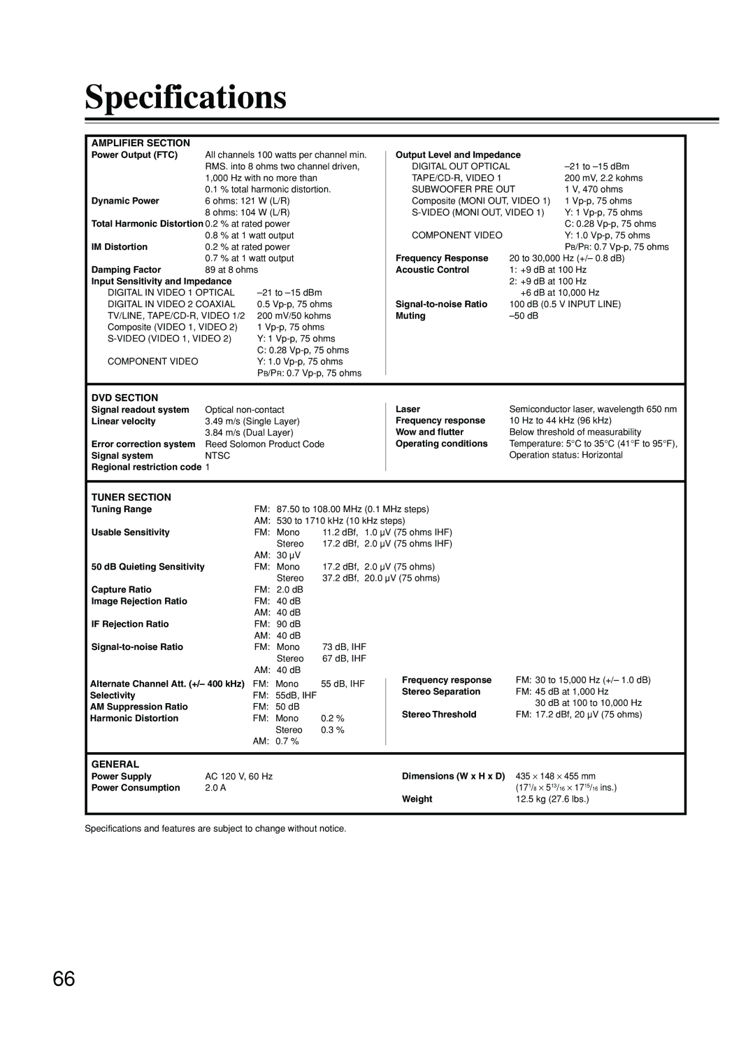 Onkyo DR-C500 instruction manual Specifications, Amplifier Section, DVD Section, Tuner Section, General 