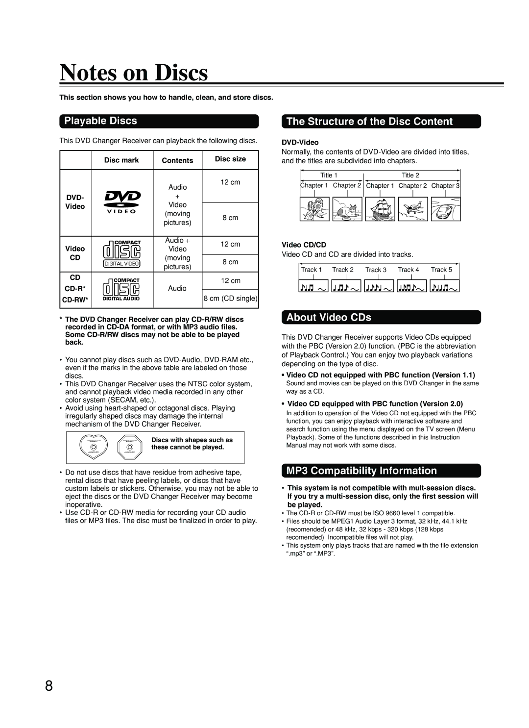 Onkyo DR-C500 Playable Discs, Structure of the Disc Content, About Video CDs, MP3 Compatibility Information 