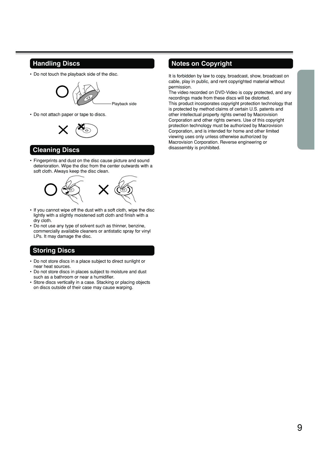 Onkyo DR-C500 instruction manual Handling Discs, Cleaning Discs, Storing Discs, Do not touch the playback side of the disc 