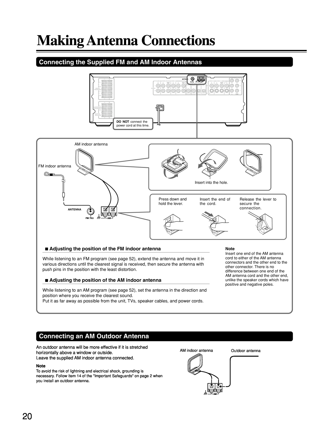 Onkyo DR-C500 instruction manual Making Antenna Connections, Connecting the Supplied FM and AM Indoor Antennas 