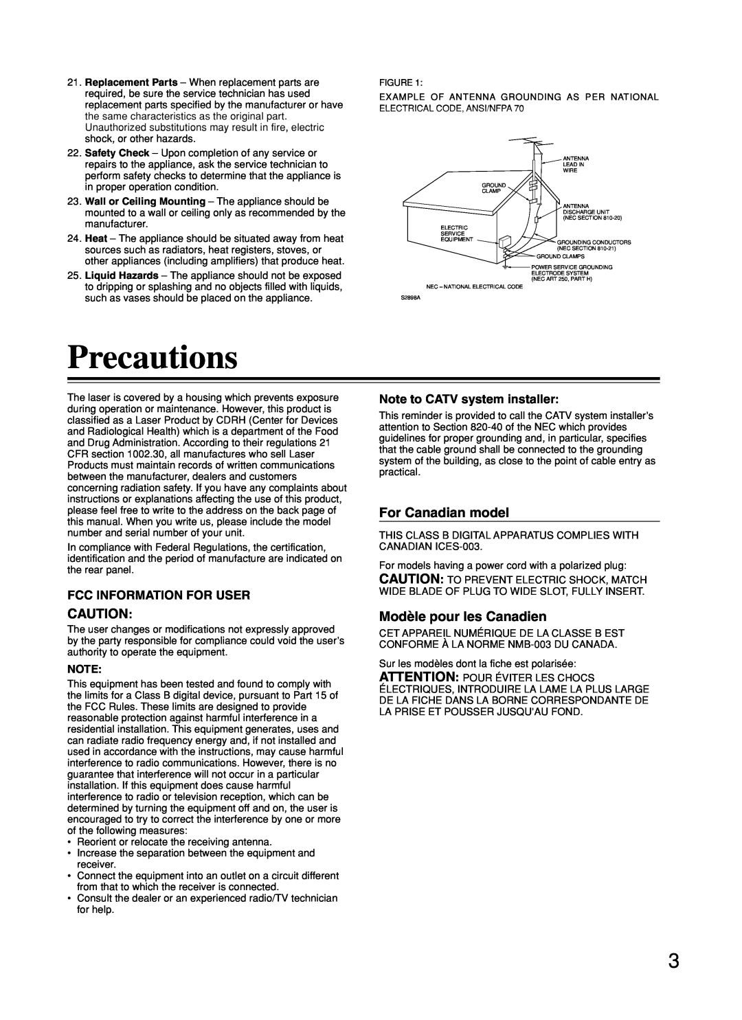 Onkyo DR-C500 instruction manual Precautions, For Canadian model, Modèle pour les Canadien, Fcc Information For User 