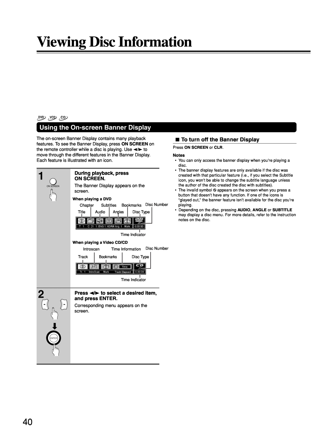 Onkyo DR-C500 Viewing Disc Information, Using the On-screenBanner Display, To turn off the Banner Display, On Screen 