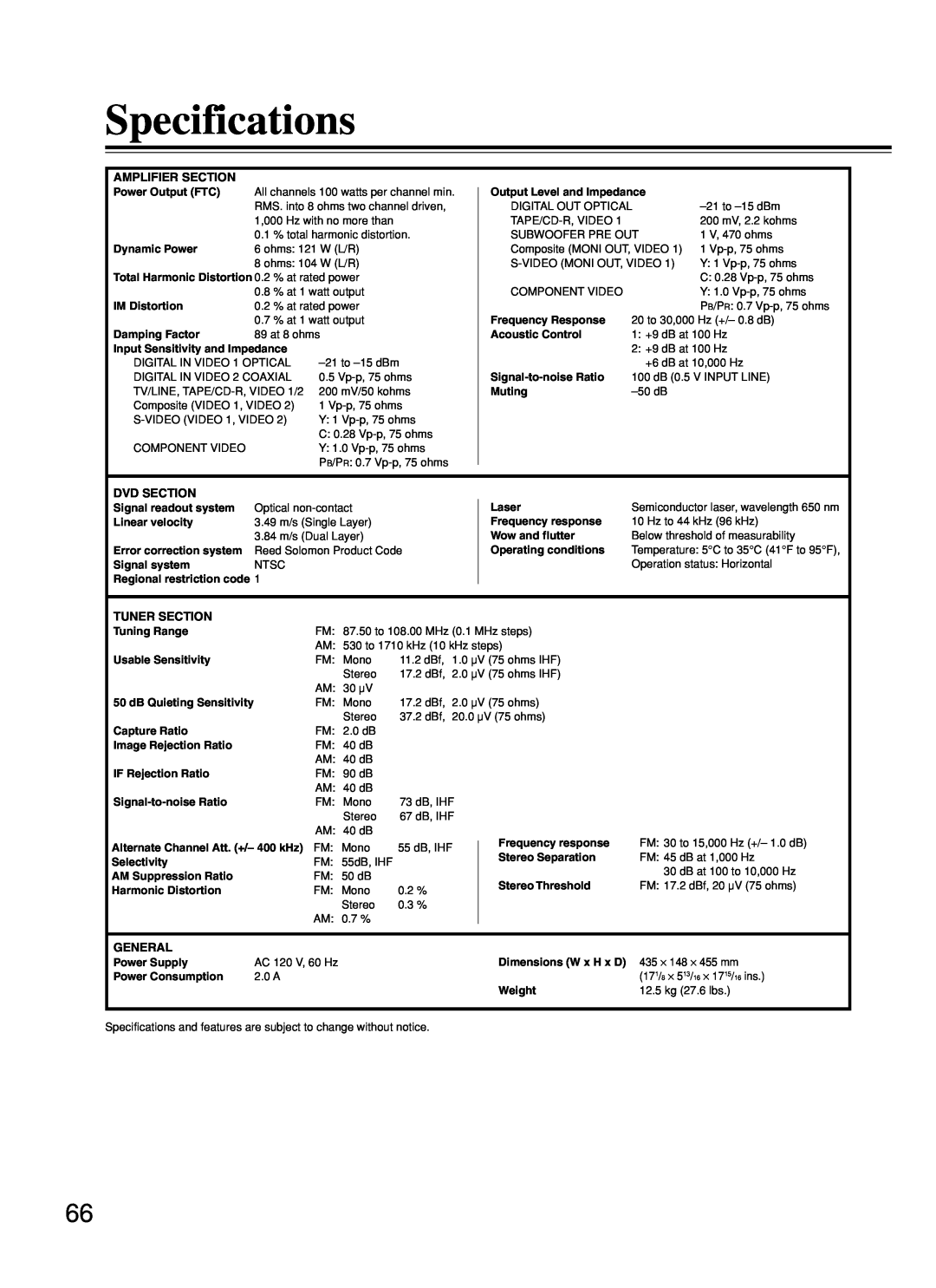 Onkyo DR-C500 instruction manual Specifications 