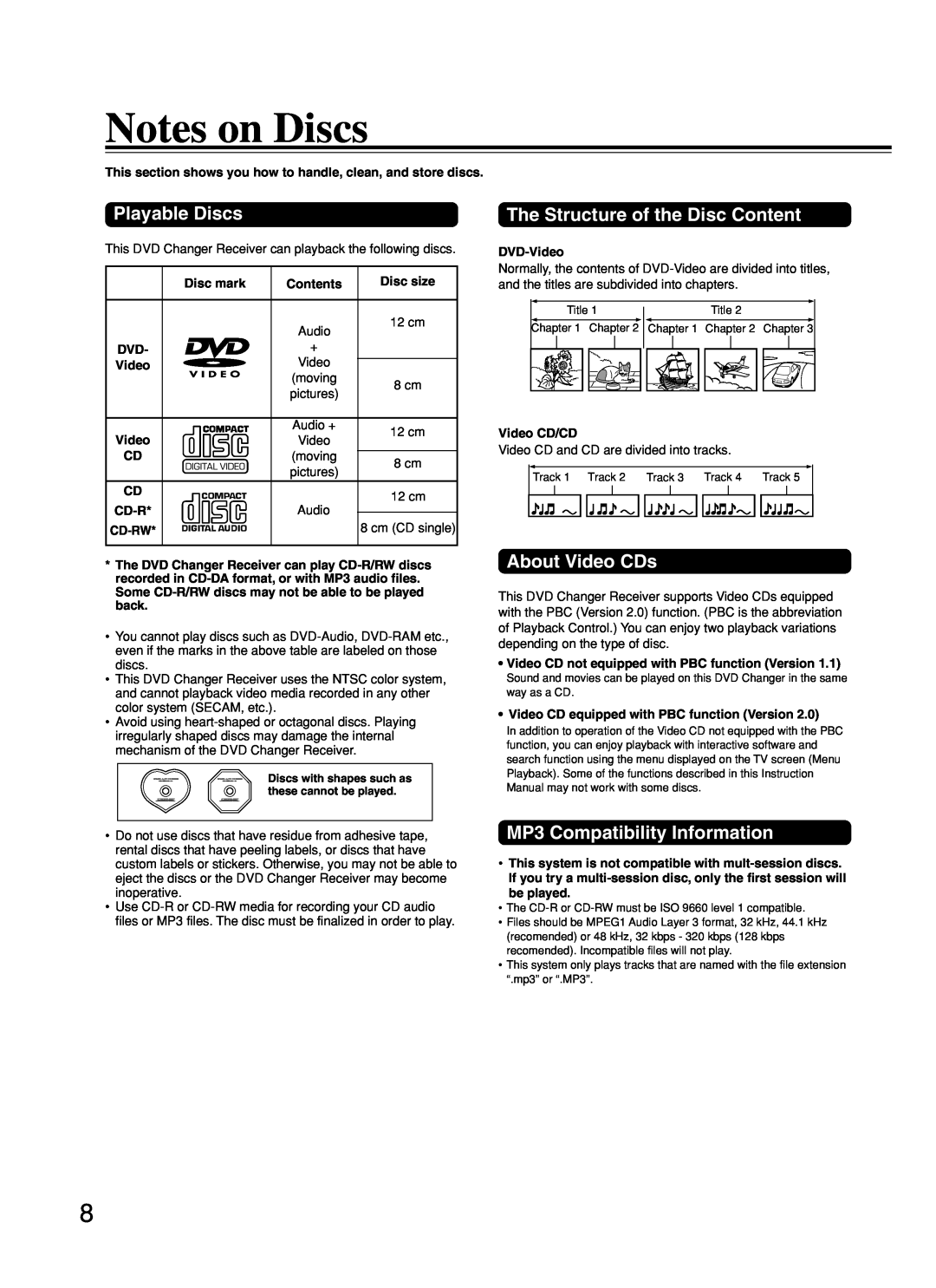 Onkyo DR-C500 Notes on Discs, Playable Discs, The Structure of the Disc Content, About Video CDs, Disc mark, Contents 