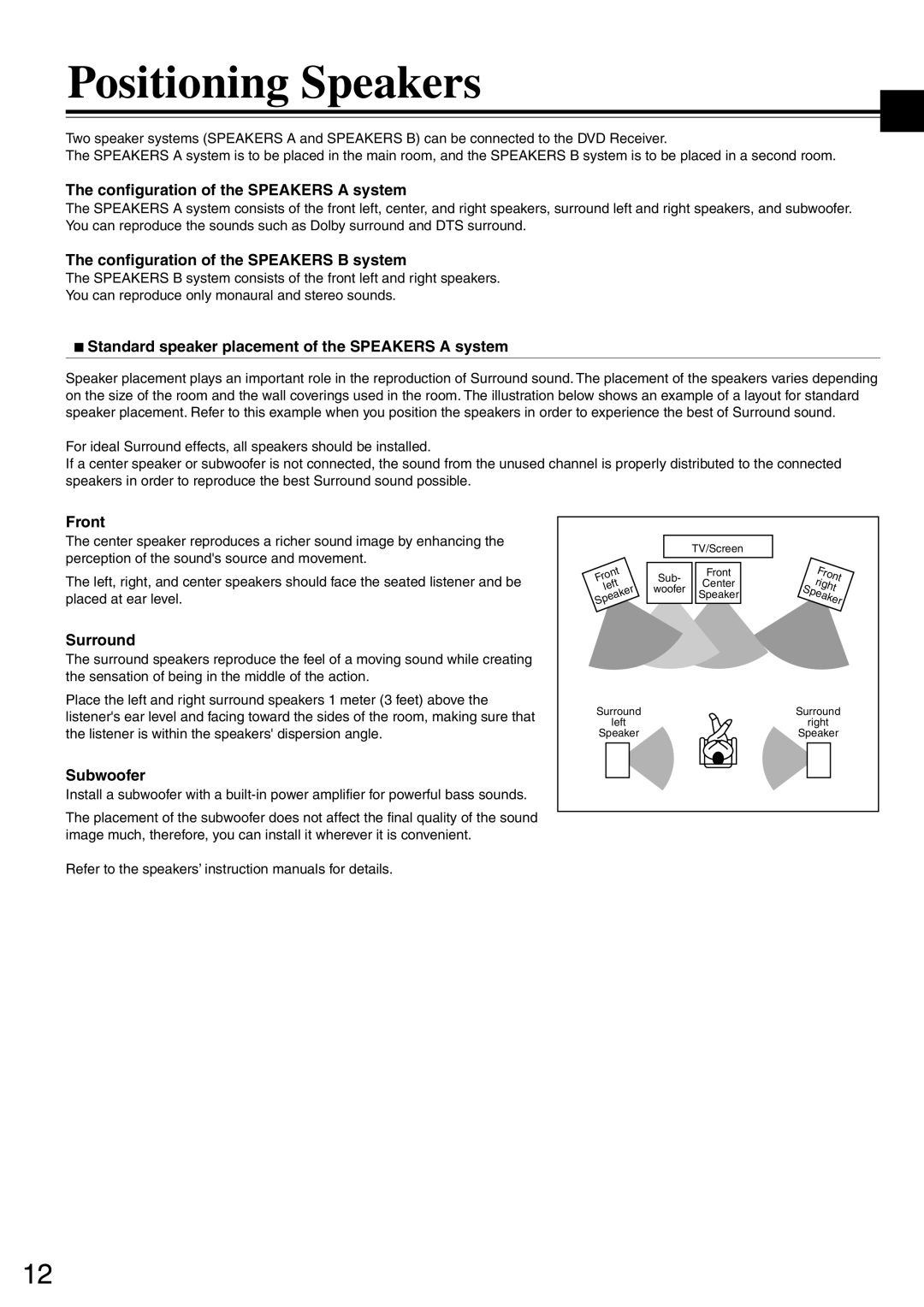 Onkyo DR-S2.0 instruction manual Positioning Speakers 