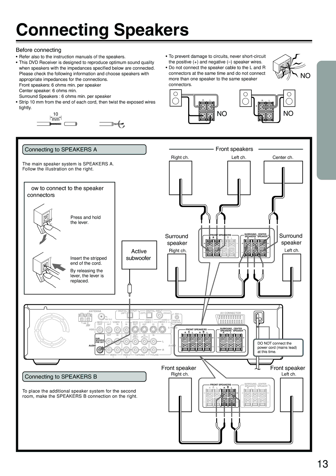 Onkyo DR-S2.0 Connecting Speakers, Connecting to Speakers a Front speakers, How to connect to the speaker connectors 