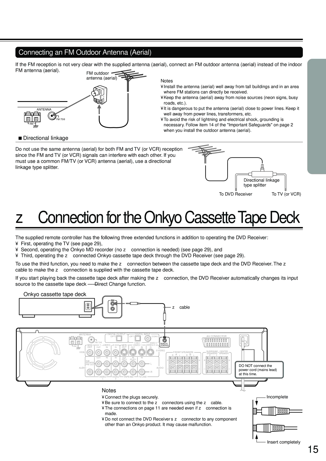 Onkyo DR-S2.0 Connecting an FM Outdoor Antenna Aerial, Directional Iinkage, Onkyo cassette tape deck, Zcable 